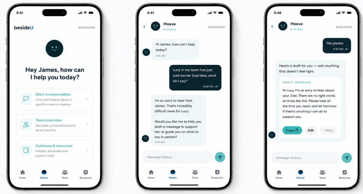Maeve — AI guidance for managers, shown on mobile